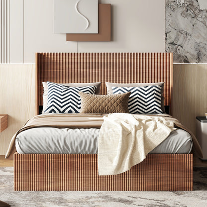 (Queen size) bed frame with a grooved and undulating lifting storage function, featuring a lifting storage feature, safe and beautiful / without noise, a wooden slat platform bed frame in a natural image 1