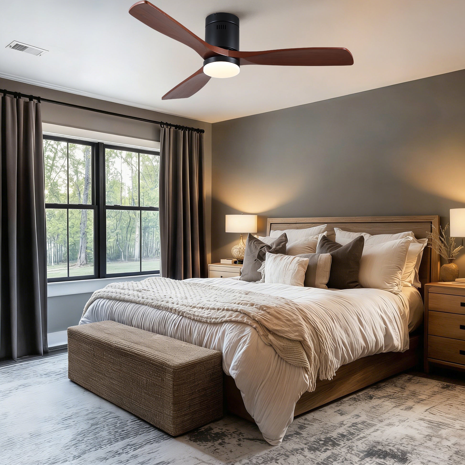 52 inch Mordern Matte Black Farmhouse Retro Solid Wood Low Profile Flush Mount Intergrated LED Ceiling Fan with Light image 5