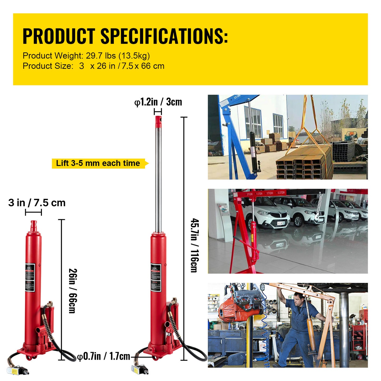 Hydraulic/Pneumatic Long Ram Jack, 8 Tons/17363 lbs Capacity, with Single Piston Pump and Clevis Base, Manual Cherry Picker w/Handle, for Garage/Shop Cranes, Engine Lift Hoist, Red image 2