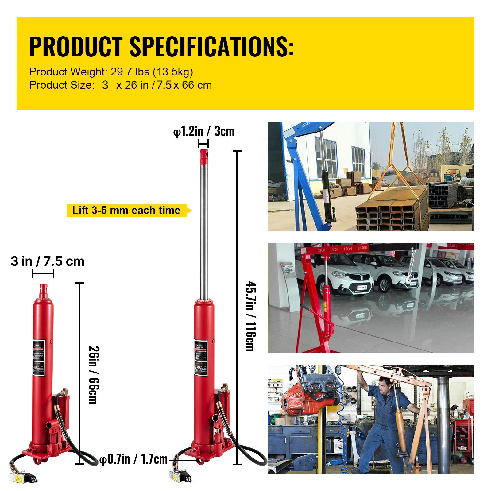 Hydraulic/Pneumatic Long Ram Jack, 8 Tons/17363 lbs Capacity, with Single Piston Pump and Clevis Base, Manual Cherry Picker w/Handle, for Garage/Shop Cranes, Engine Lift Hoist, Red image 2