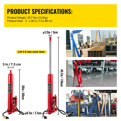 Hydraulic/Pneumatic Long Ram Jack, 8 Tons/17363 lbs Capacity, with Single Piston Pump and Clevis Base, Manual Cherry Picker w/Handle, for Garage/Shop Cranes, Engine Lift Hoist, Red image 2