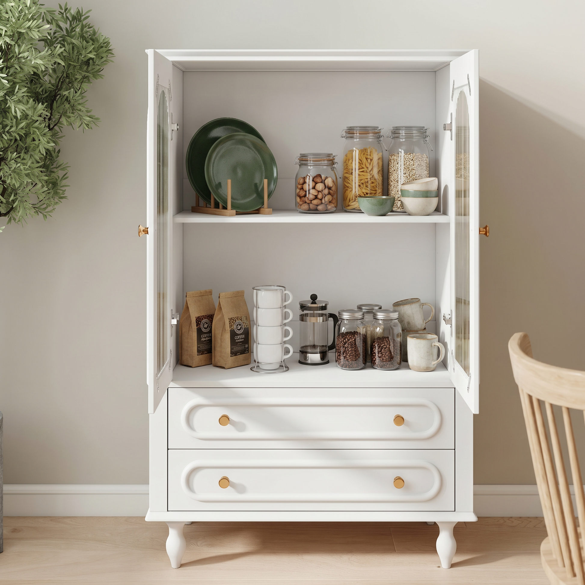 46.5'' Glass Display Cabinet with Ribbed Glass Doors,Wooden Curio Cabinet with 2 Drawers & Adjustable Shelf, Freestanding Buffet Cabinet Unit for Living Room Dining Room, White image 3