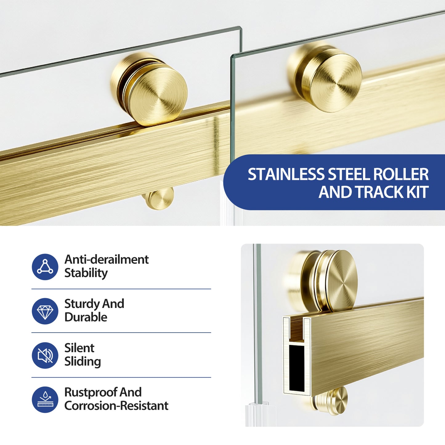 56-60" W x 60" H Frameless Double Sliding Shower Door, Premium 1/4" (6mm) Thick Frosted Ultra-Clear Nano-Coated Tempered Glass, Stainless Steel, Brushed Gold image 6