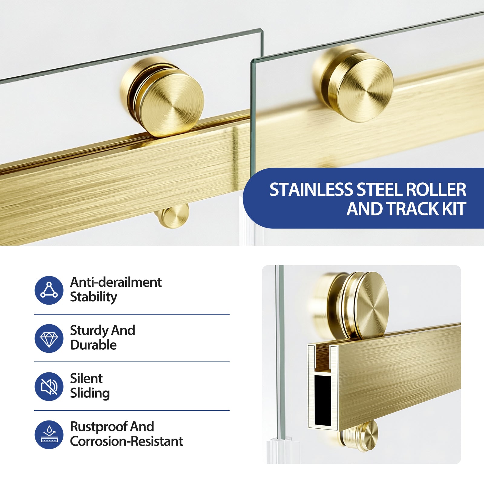 56-60" W x 60" H Frameless Double Sliding Shower Door, Premium 1/4" (6mm) Thick Frosted Ultra-Clear Nano-Coated Tempered Glass, Stainless Steel, Brushed Gold image 6