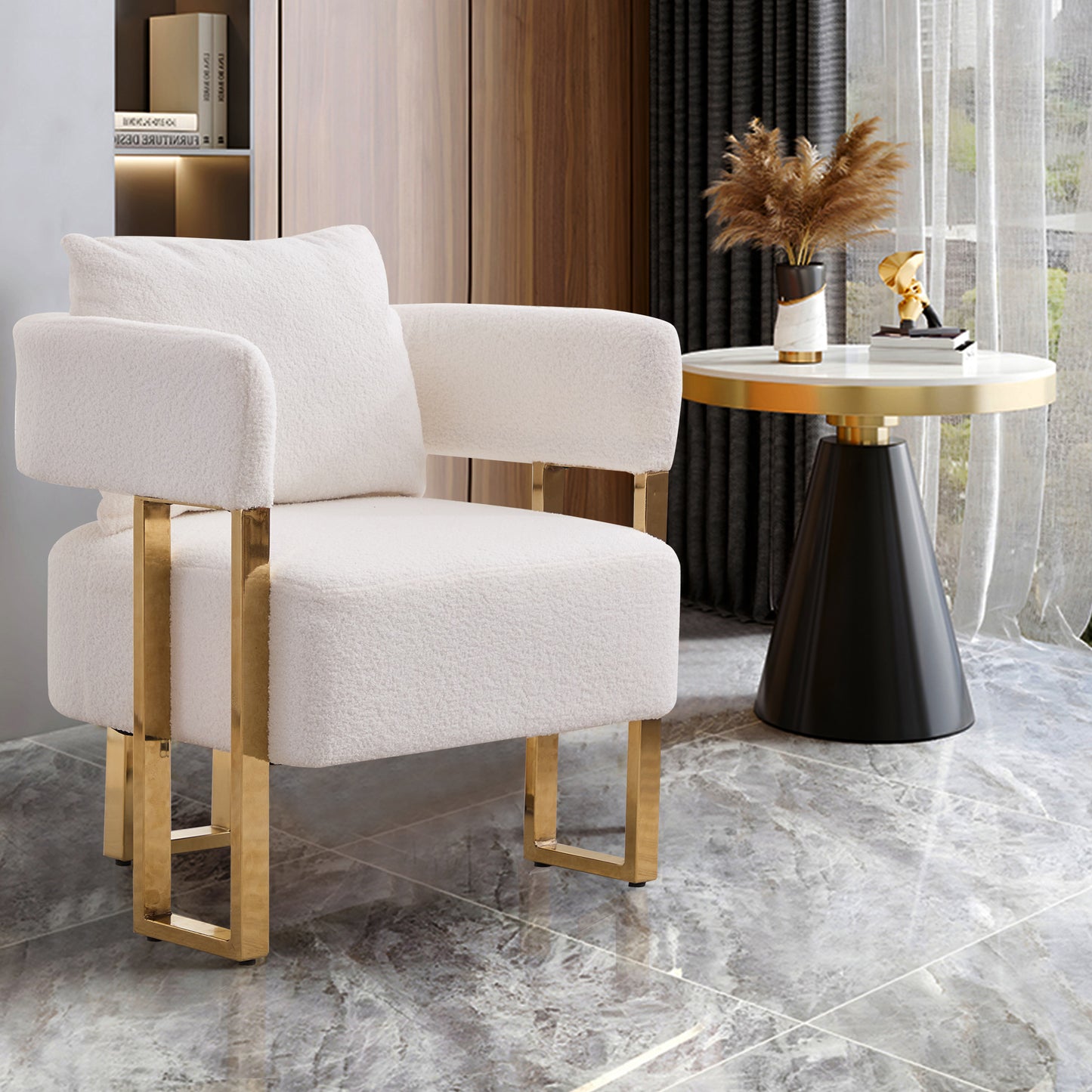 TS Modern decorative chair, living room side chair with gold metal legs, no wheels, suitable for dressing area, reception room, office,Teddy fleece upholstered metal foot sofas 2PCS White image 2