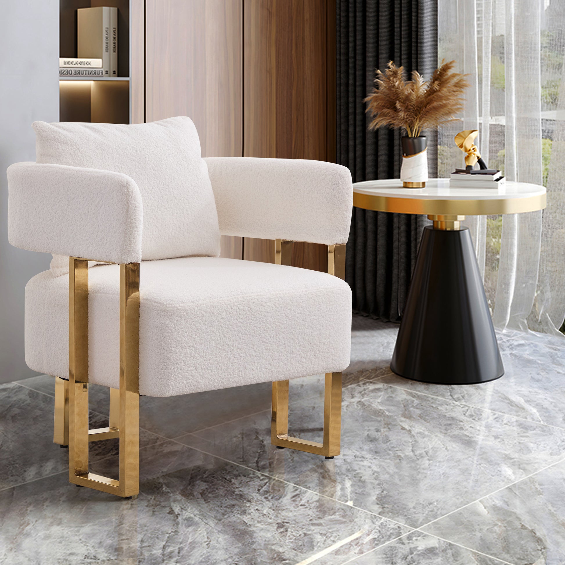TS Modern decorative chair, living room side chair with gold metal legs, no wheels, suitable for dressing area, reception room, office,Teddy fleece upholstered metal foot sofas 2PCS White image 2