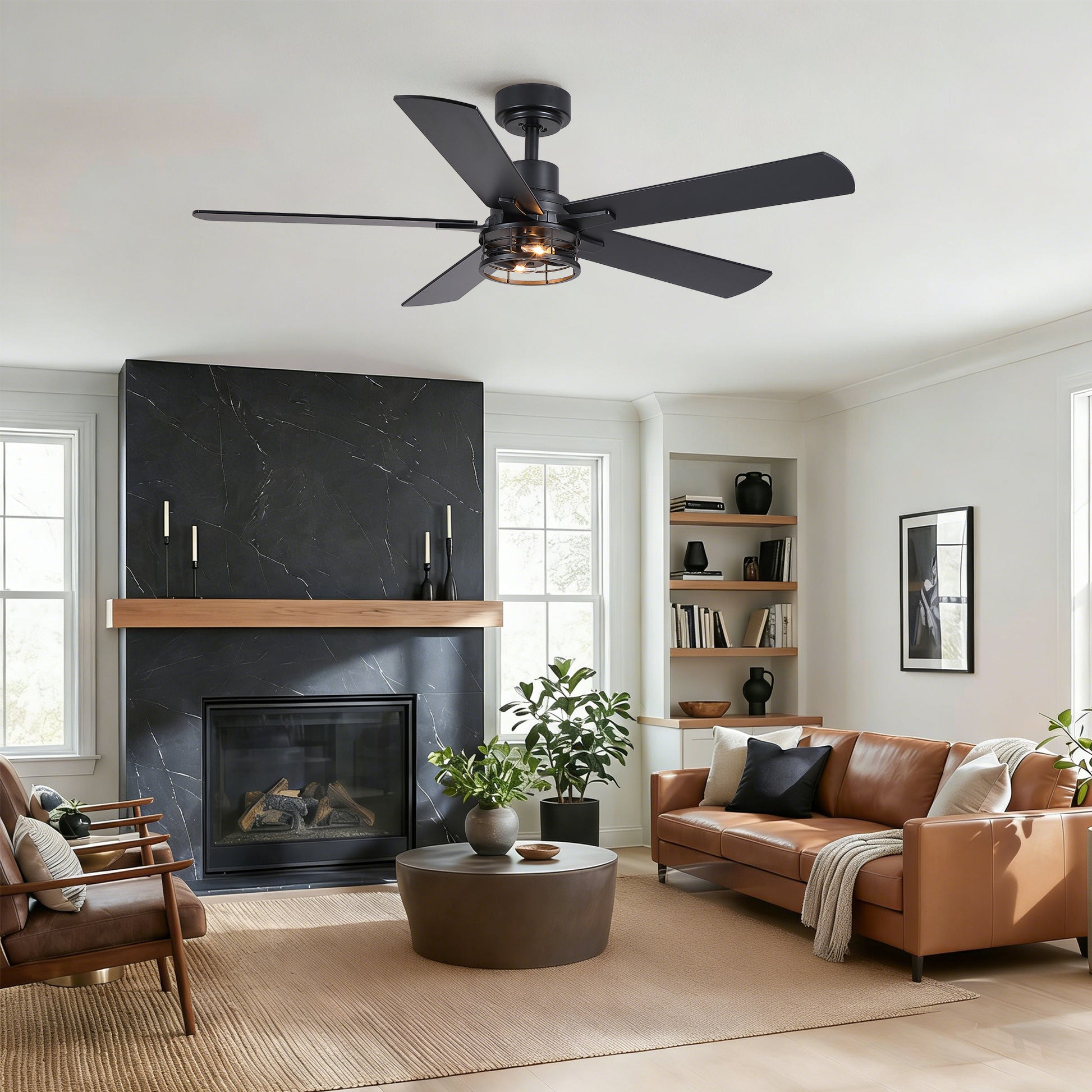 52" Modern Farmhouse Industrial Ceiling Fan with Light, Dual‑Sided Matte Black & Wood Grain Blades, Reversible DC Motor, 6‑Speed Timer Remote, Metal Cage, E12 Compatible, Bulbs Not Included image 4