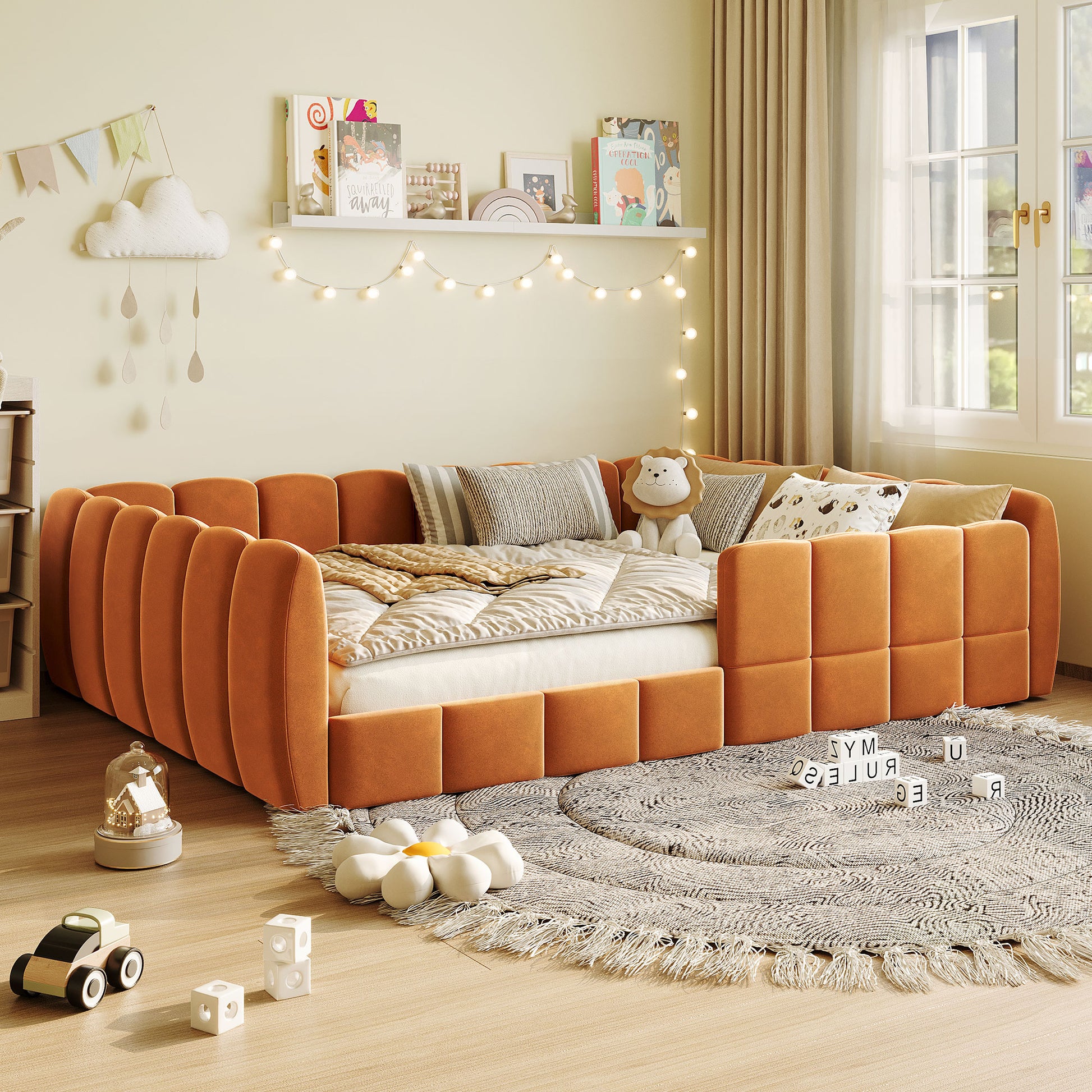 Full Size Velvet Upholstered Floor Bed, Pumpkin Orange image 1