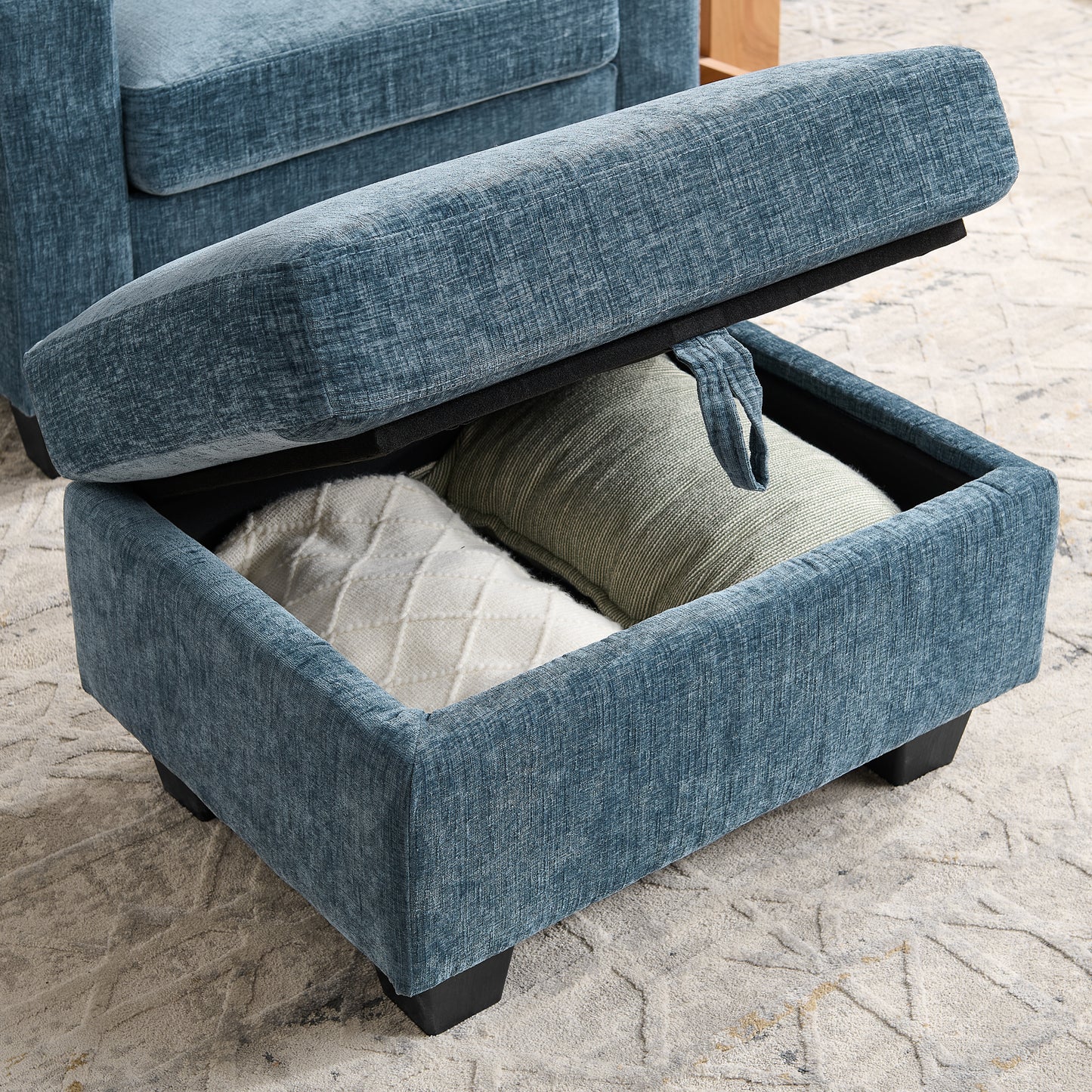 Single sofa recliner with manually adjustable backrest, USB charging port on the armrest side, phone stand included, hidden armrest storage, and a matching storage ottoman-Blue image 9