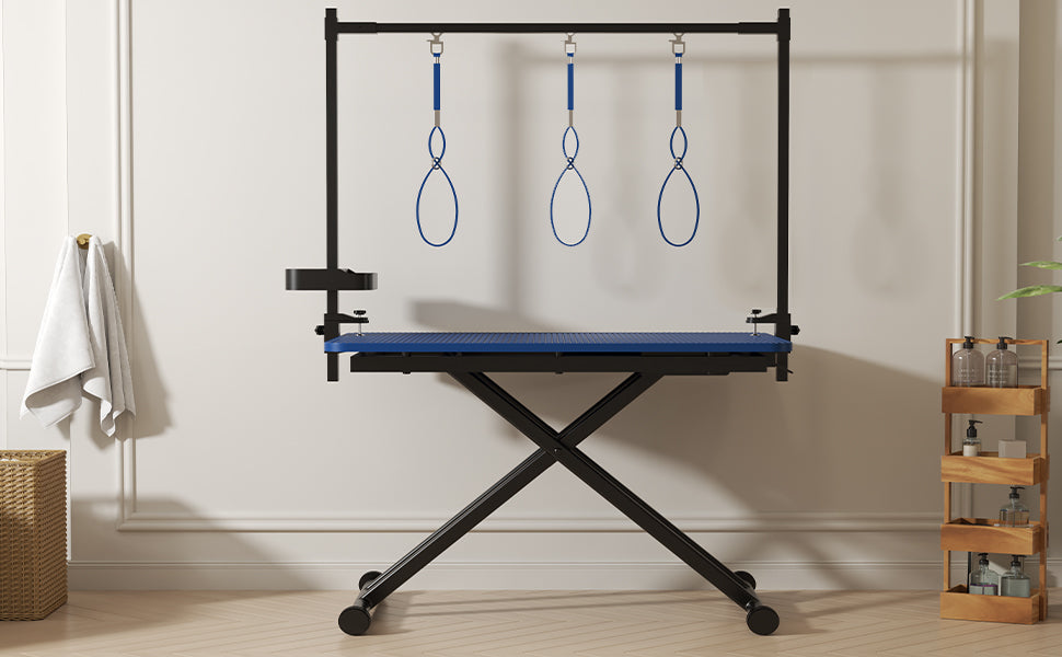 47'' Blue Large Dog Grooming Table X-Lift Foldable Grooming Table for Dogs at Home Adjustable Height Arms Pet Station with Nooses, Tool Organizer image 2