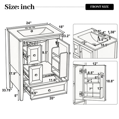 [Video] 24" Modern Blue Gray Bathroom Vanity with Ceramic Sink, Solid Wood Legs, Soft-Close Drawers & Door, Storage Rack, Painted Surface Finish image 3