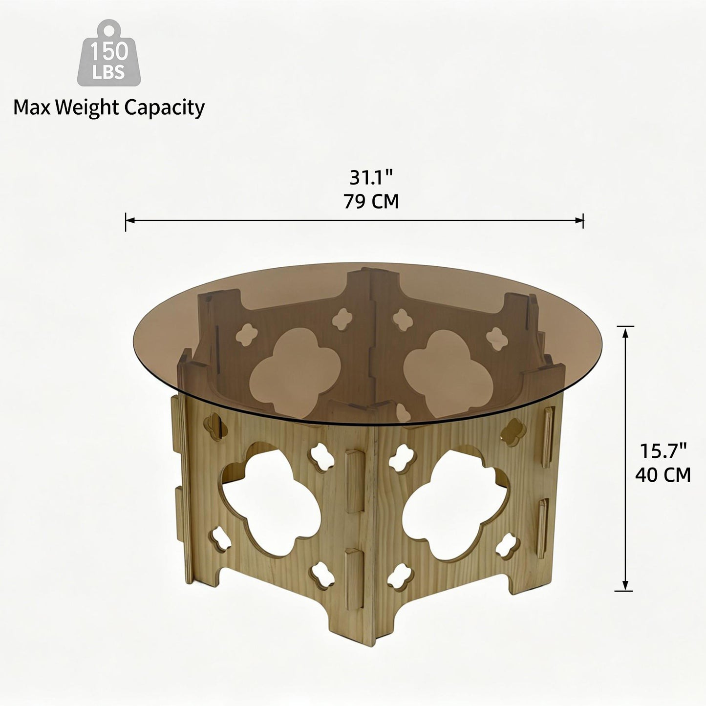 31.1'' Round Tempered Glass Coffee Table, Caramel Tabletop with Floral Hollow Wood Base, Farmhouse Center Tea Table for for Living Room, Small Spaces, Office, Easy Assembly. Natural+Caramel. image 6