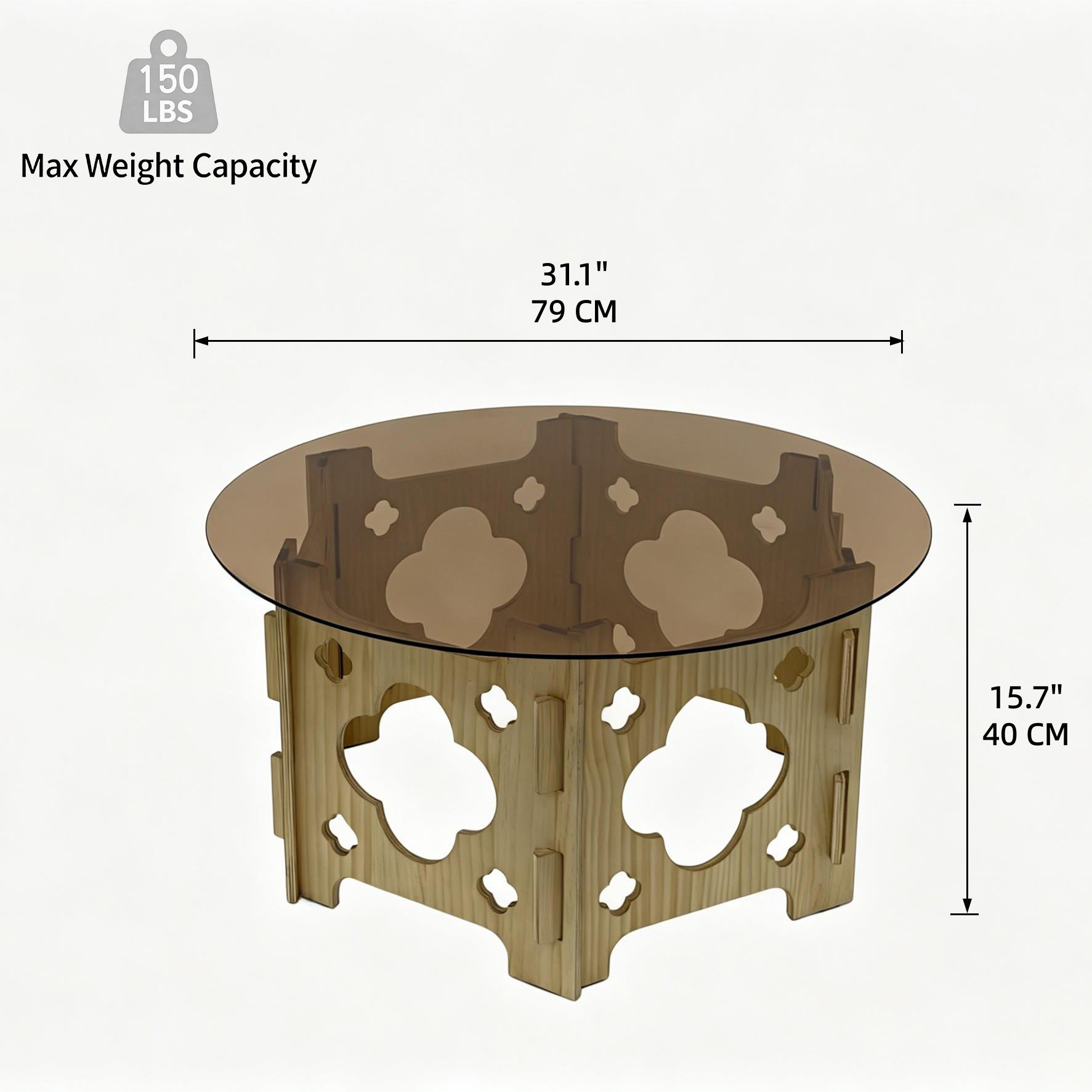 31.1'' Round Tempered Glass Coffee Table, Caramel Tabletop with Floral Hollow Wood Base, Farmhouse Center Tea Table for for Living Room, Small Spaces, Office, Easy Assembly. Natural+Caramel. image 6