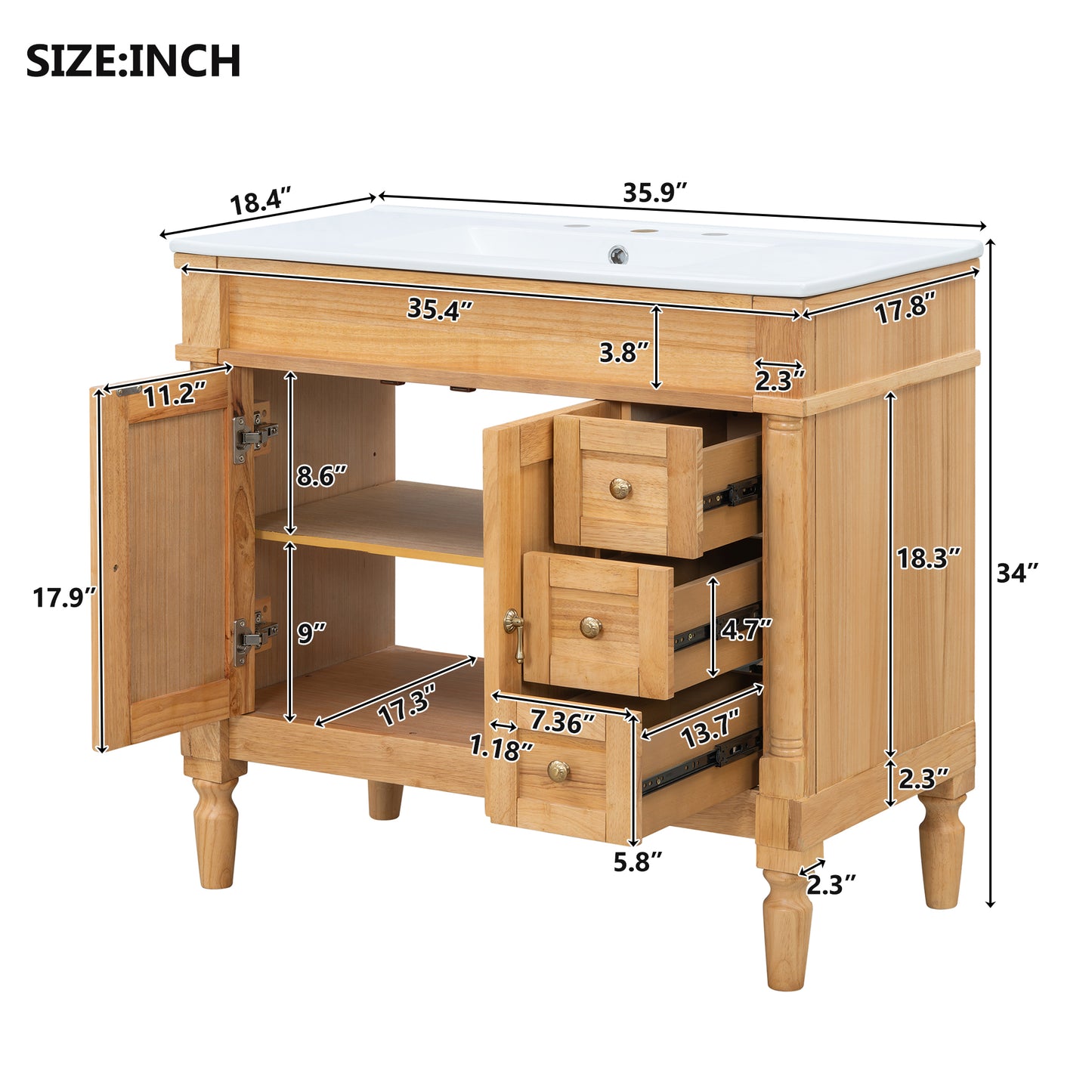 36" Bathroom Vanity with Ceramic Sink, Soft Close Doors, Adjustable Shelves, Modern Storage Cabinet for Small and Medium Bathrooms image 10