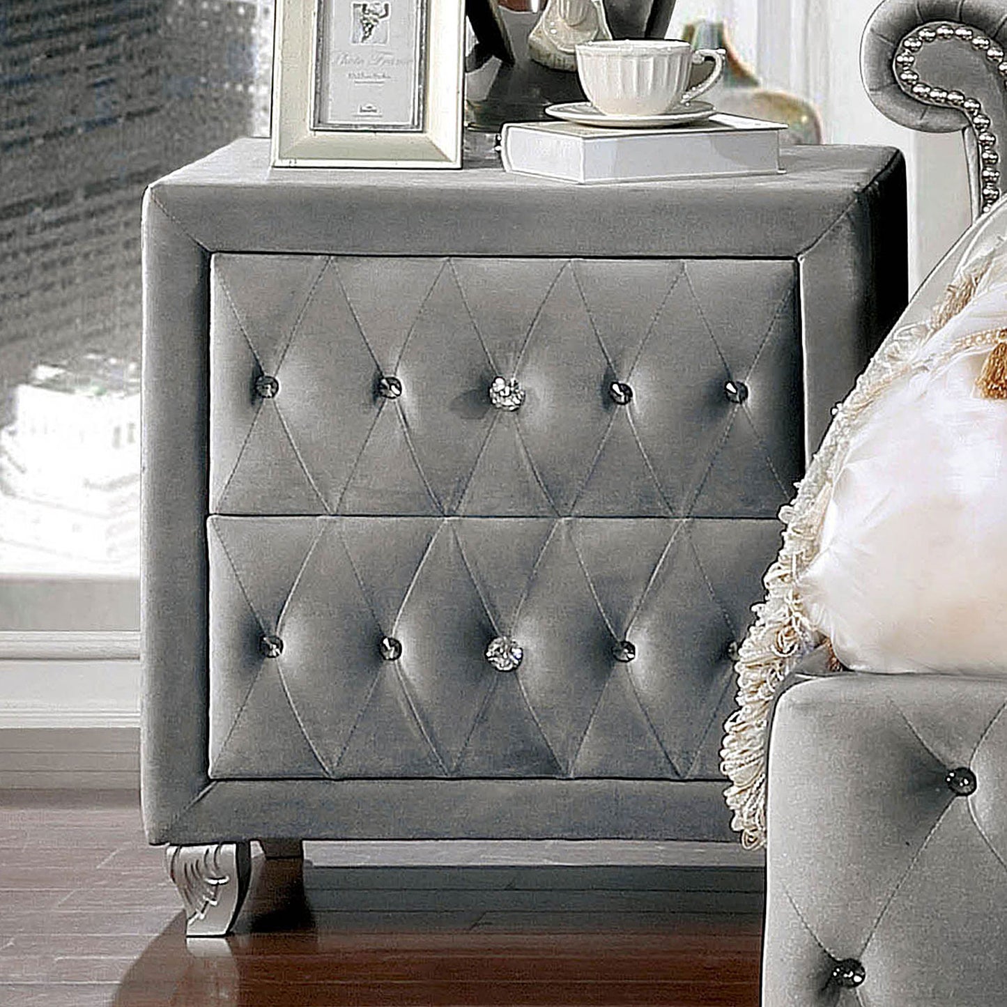 Glam Style 1pc Nightstand Button Tufted Full upholstered Frame Acrylic Buttons Gray Finish Bedroom Furniture image 8