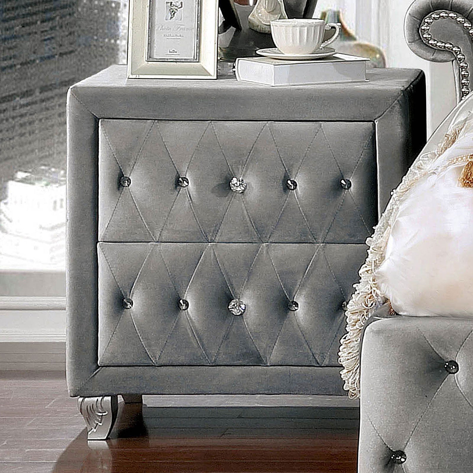 Glam Style 1pc Nightstand Button Tufted Full upholstered Frame Acrylic Buttons Gray Finish Bedroom Furniture image 8