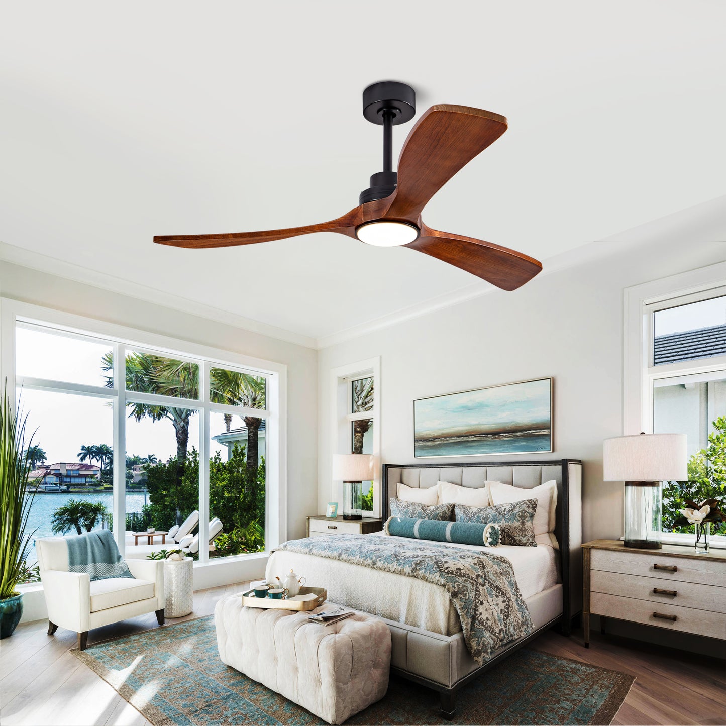 52" indoor Ceiling Fan with Light,3 Walnut Solid Wood Blade, Remote Control,3 CCT Dimmable LED, Timer, 6-Speed Reversible Motor Use for Living Room or Patio image 8