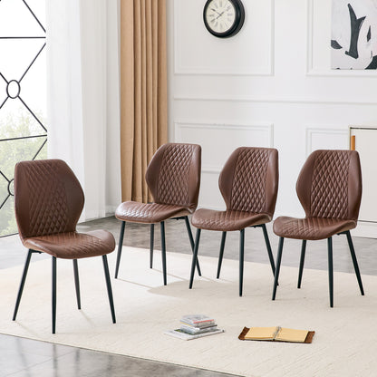 Set of 4 modern light luxury brown diamond-quilted PU chairs with black metal legs. Suitable as upholstered dining chairs with backrests for dining rooms, adaptable to a wide range of scenarios. image 1
