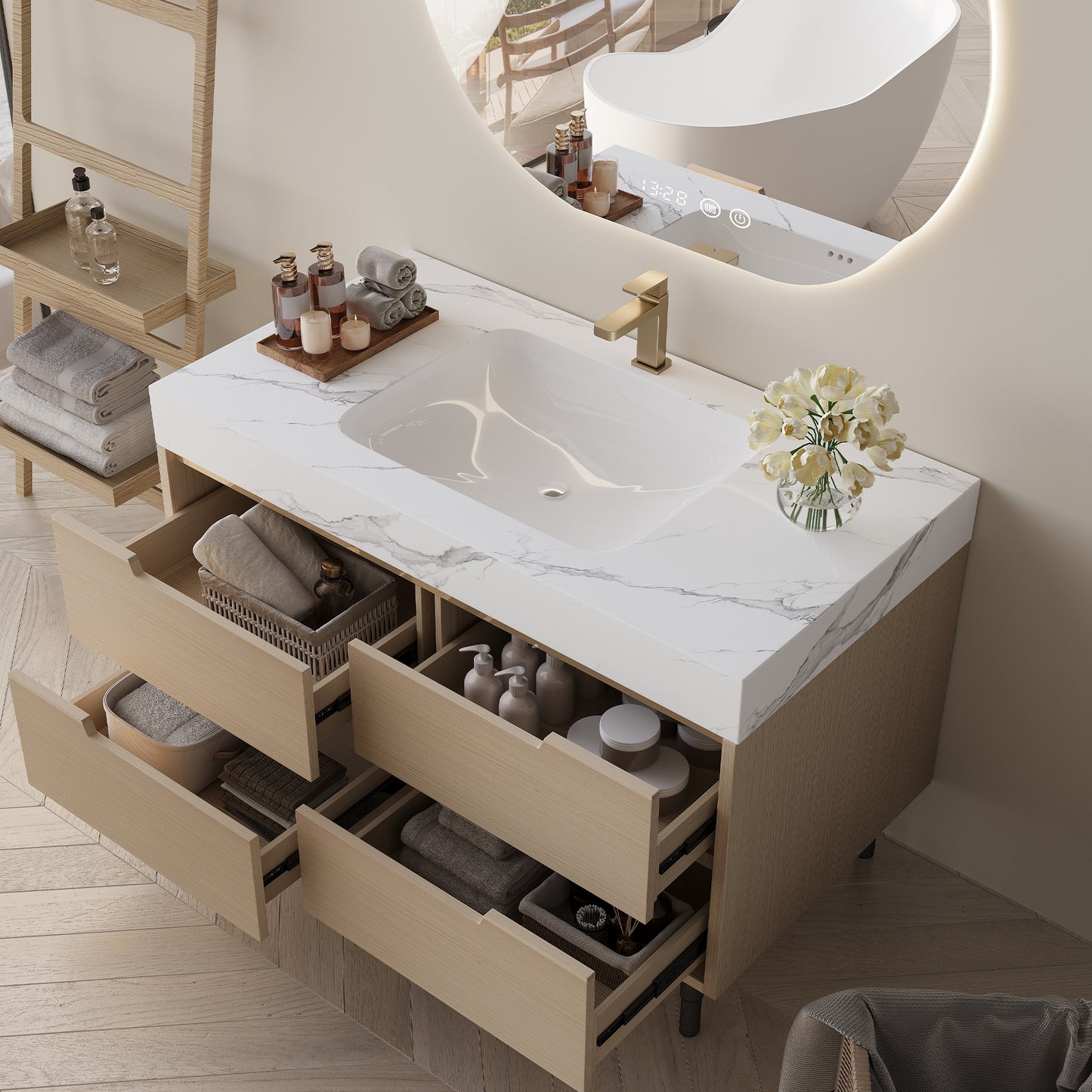 35.4" Modern Bathroom Vanity with Undermount Sink, Sintered Stone Top, Waterproof Multi-layer Solid Wood, 4 Drawers Storage, Free-standing/Wall-Mounted image 4