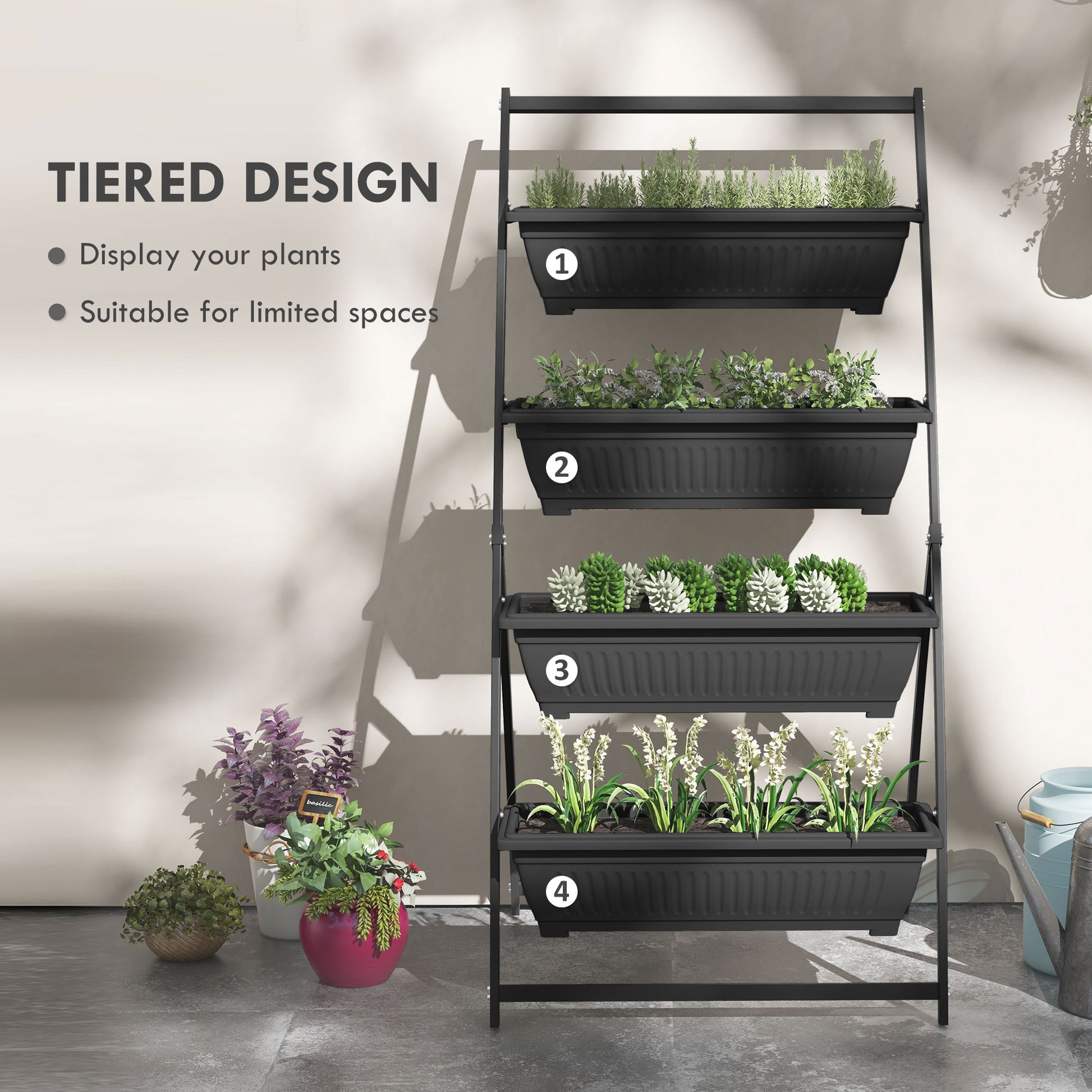 Outsunny Raised Garden Bed, 4 Tier Vertical Garden Planter Set, 4 Outdoor Planter Boxes with Stand, Self Draining Design Elevated Garden for Vegetable, Flowers & Herbs, Black image 4