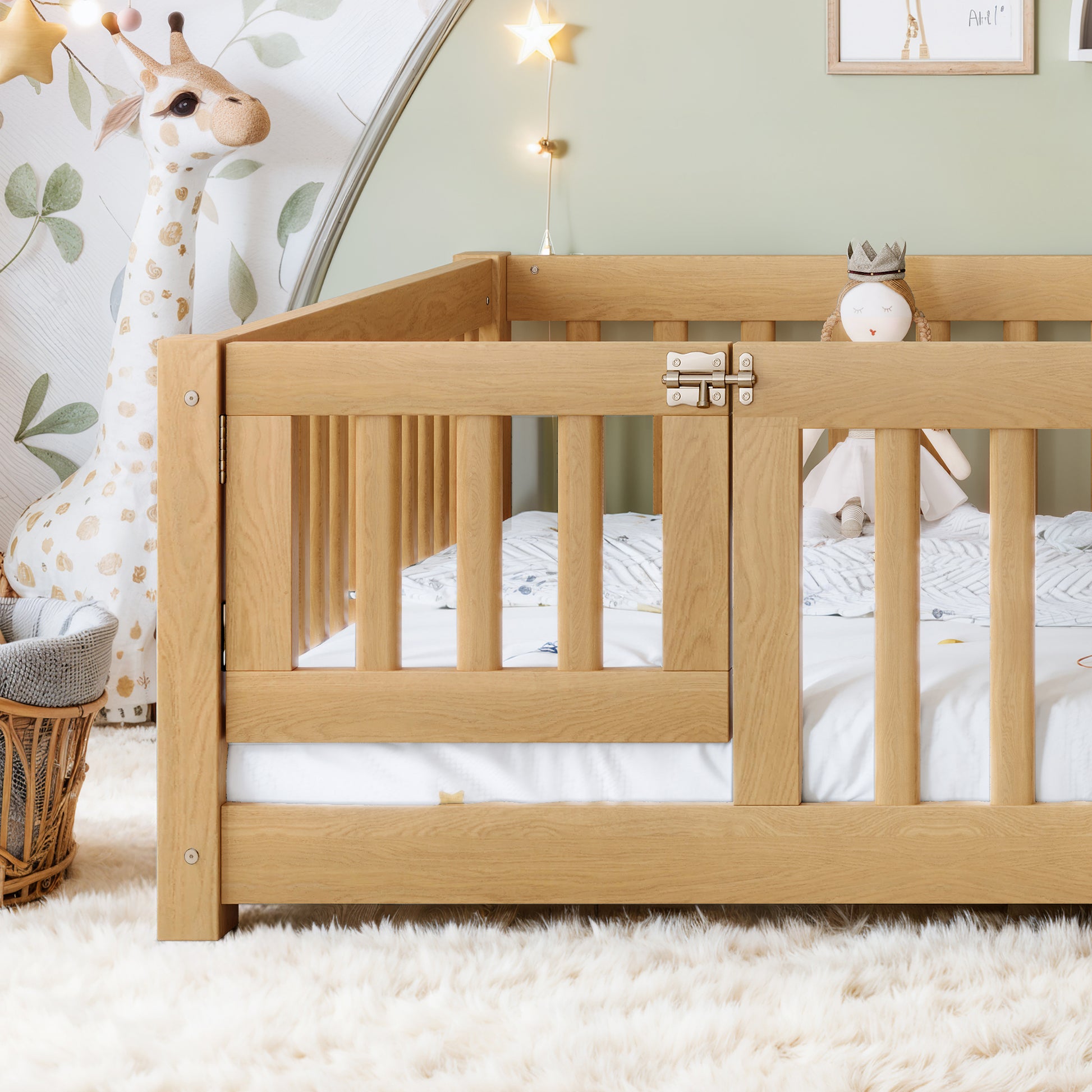 Queen Size Bed Floor Bed with Safety Guardrails and Door for Kids, Natural image 5