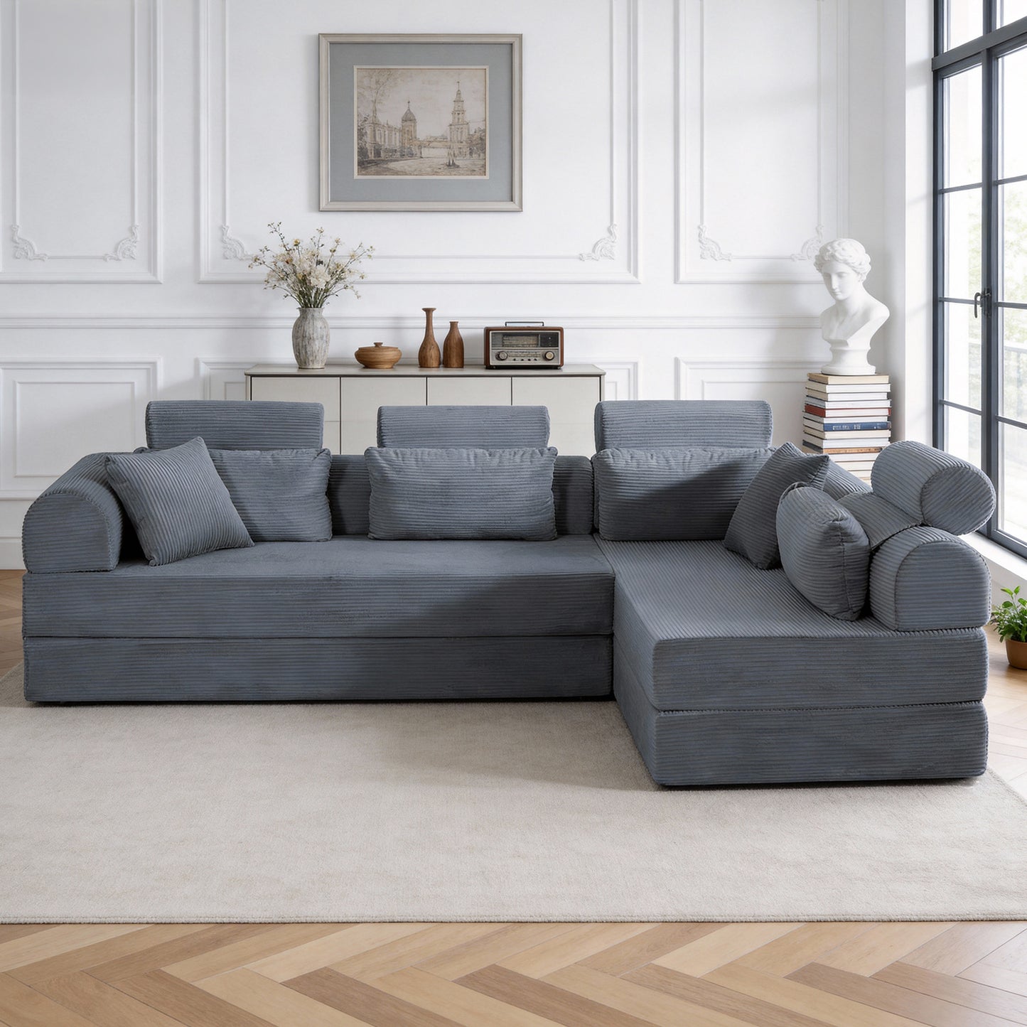 L shape Modular Sectional Sofa, Compressed Sectional Sofa Modern Minimalist Style Corduroy Couch,Unfold into a bed, Bedroom, Comfy Compressed Sofa Couch Space-Efficient Design(Dark Gray) image 3