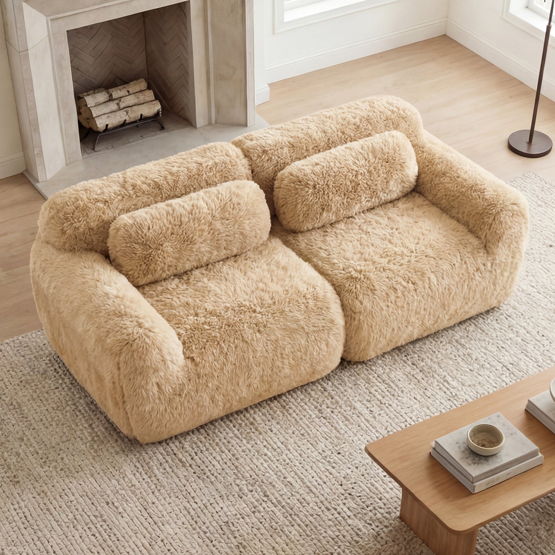 2-seater Modular Sectional Sofa Couches,Soft Fluffy Plush Fabric Bottom Anti-Slip Design,32D High Density Sponge,No Assembly Required Ergonomic Design,With Throw Pillows For Study,Light Khaki image 2