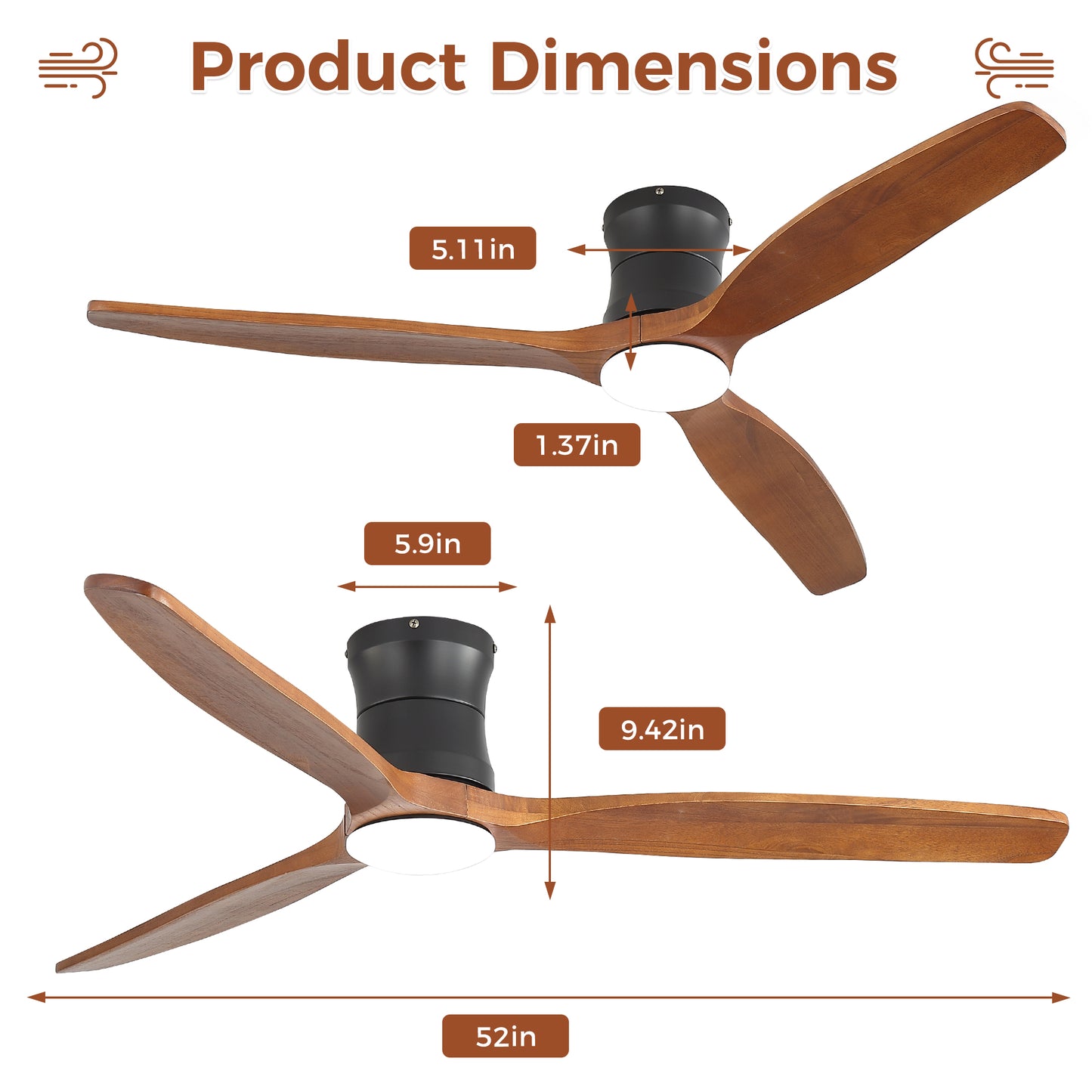 52-inch ceiling fan with light, DC reversible motor, Quiet operation, 3 solid wood blades, Timer function (1/4/8 hours) image 8