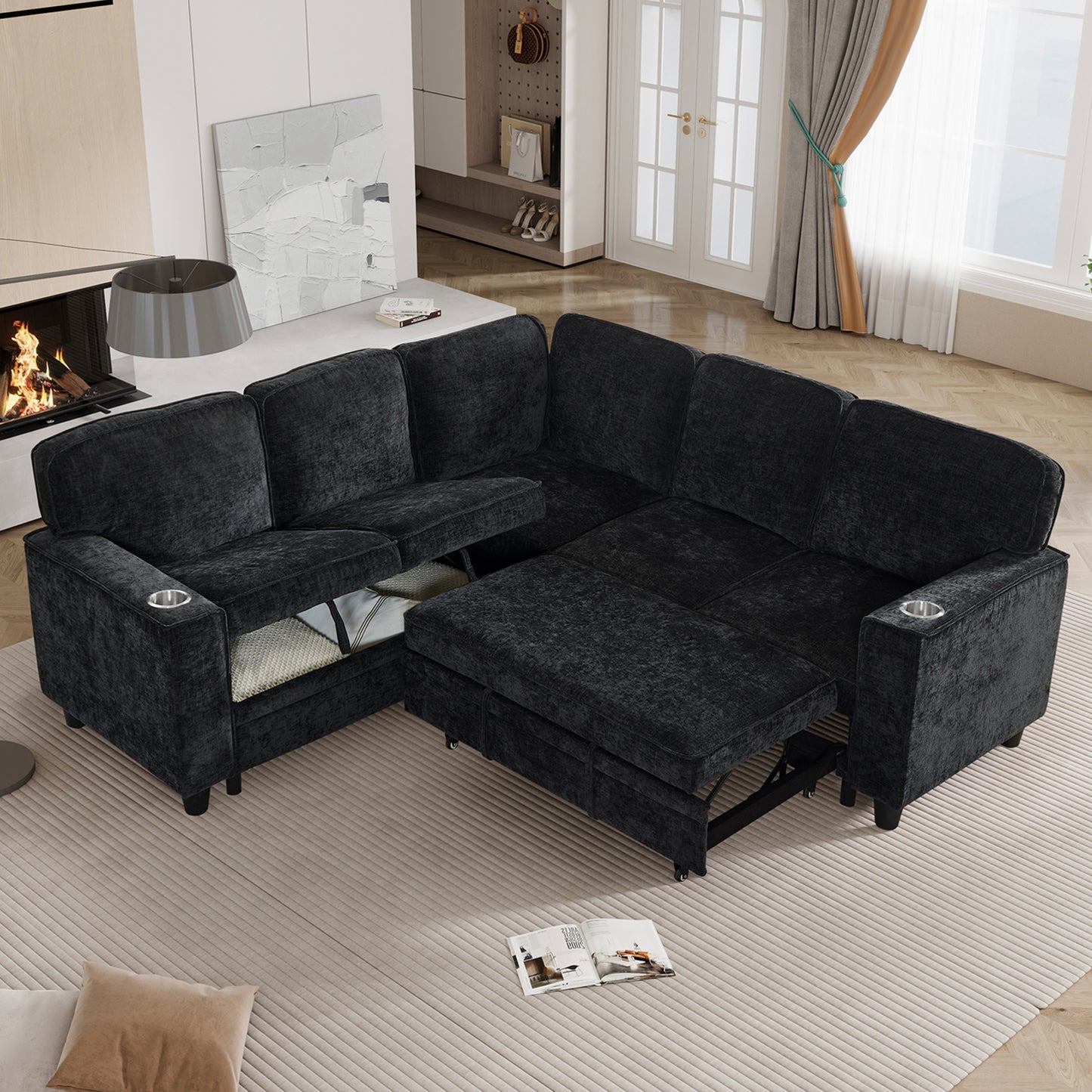 L-Shaped Sofa with Pull Out Sofa Bed, Sleeper Sofa Couch Bed with Storage Seat, 5 Seat Sectional Sofa Bed with USB, Sectional Sofa Couch for Living Room, Apartment, Charcoal Grey image 3