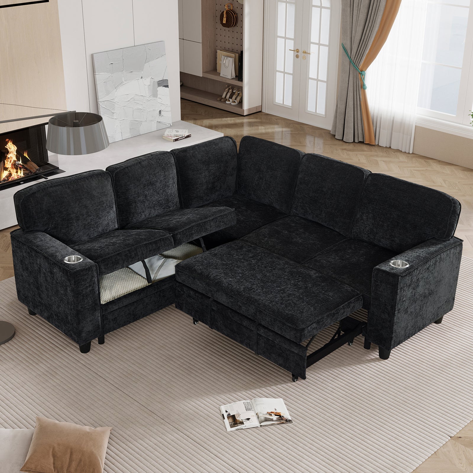L-Shaped Sofa with Pull Out Sofa Bed, Sleeper Sofa Couch Bed with Storage Seat, 5 Seat Sectional Sofa Bed with USB, Sectional Sofa Couch for Living Room, Apartment, Charcoal Grey image 3