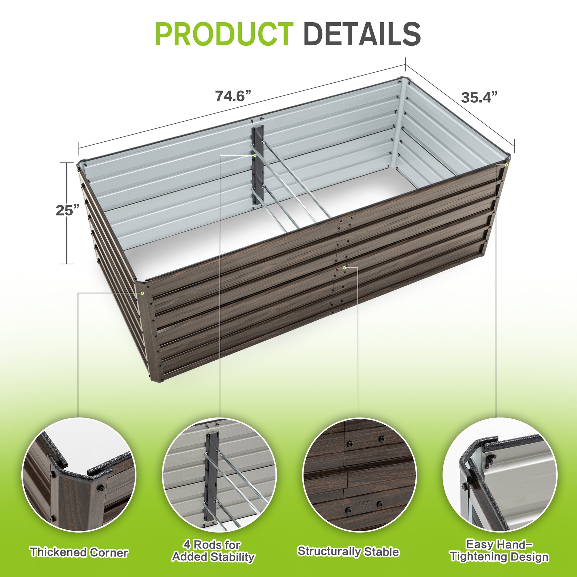 74.6"x35.4"x25" Raised Garden Bed Kit, Metal Elevated Planter Box, Open Drainage Base, 4 Reinforcing Rods, Rustproof Steel with Safety Edging – Easy Assembly for Vegetables, Flowers, Herbs image 2