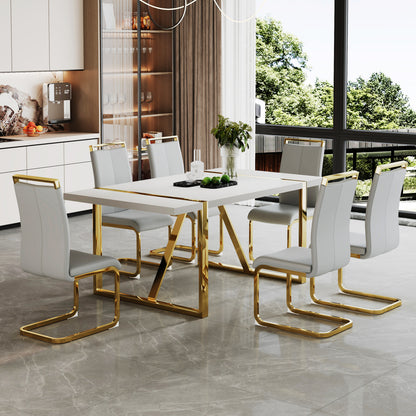 Industrial rectangular MDF material white dining table, equipped with a 2.3-inch thick tabletop and golden metal legs, used for writing desks, restaurants, and living rooms71"*39.3"*30" image 10