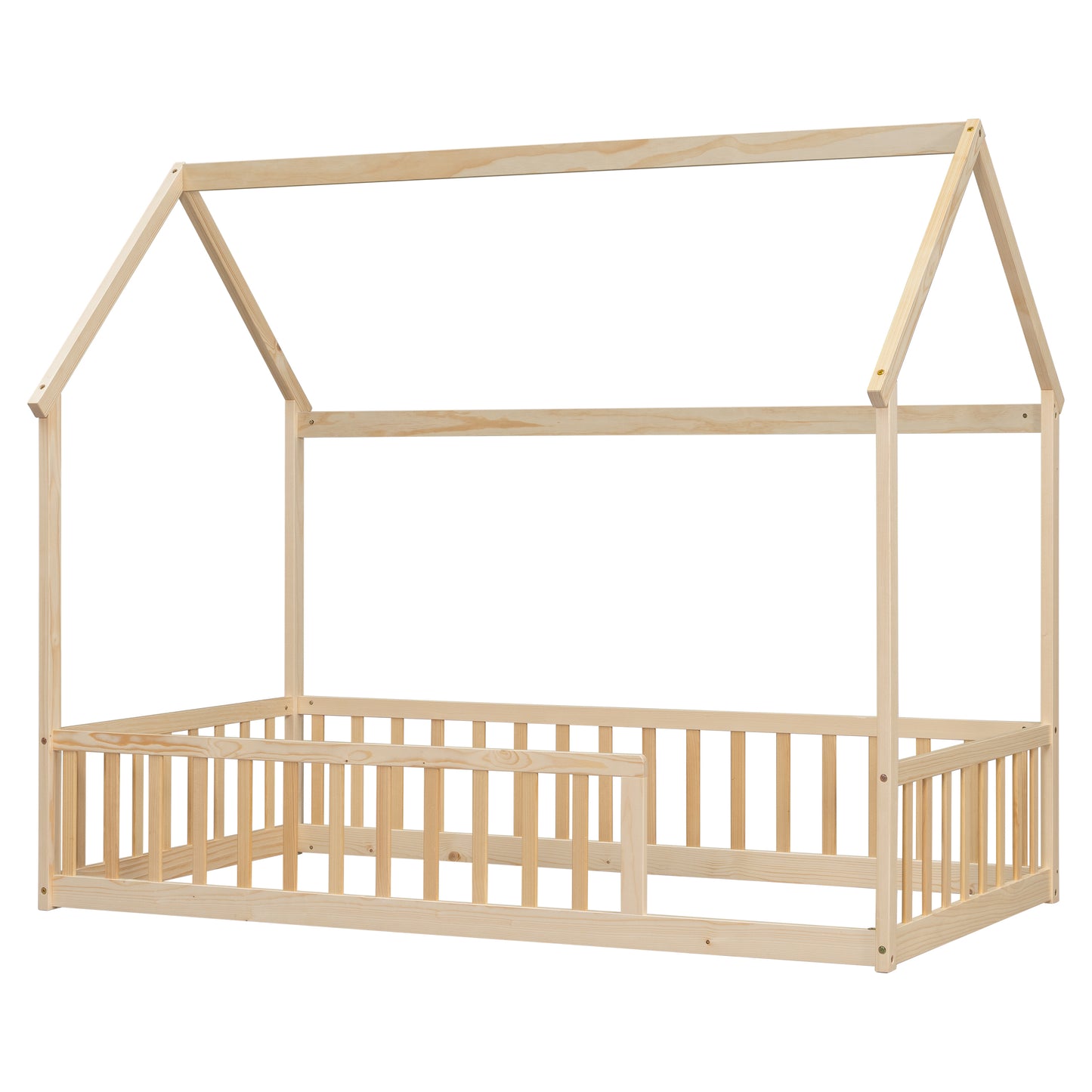 Twin Size House Floor Bed with Roof Frame,Pine Wood Floor Bed with Safety Guardrails,Natural image 9