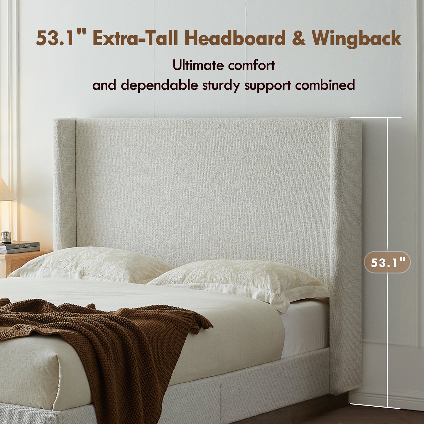 Hosford Upholstered Wingback Bed / Upholstered Wood Base Platform Bed / 52.5" High Headboard / Minimalist / Rusticity / No Box Spring Needed / Queen / Cream White Boucle / No Noise image 7