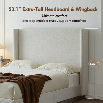 Hosford Upholstered Wingback Bed / Upholstered Wood Base Platform Bed / 52.5" High Headboard / Minimalist / Rusticity / No Box Spring Needed / Queen / Cream White Boucle / No Noise image 7