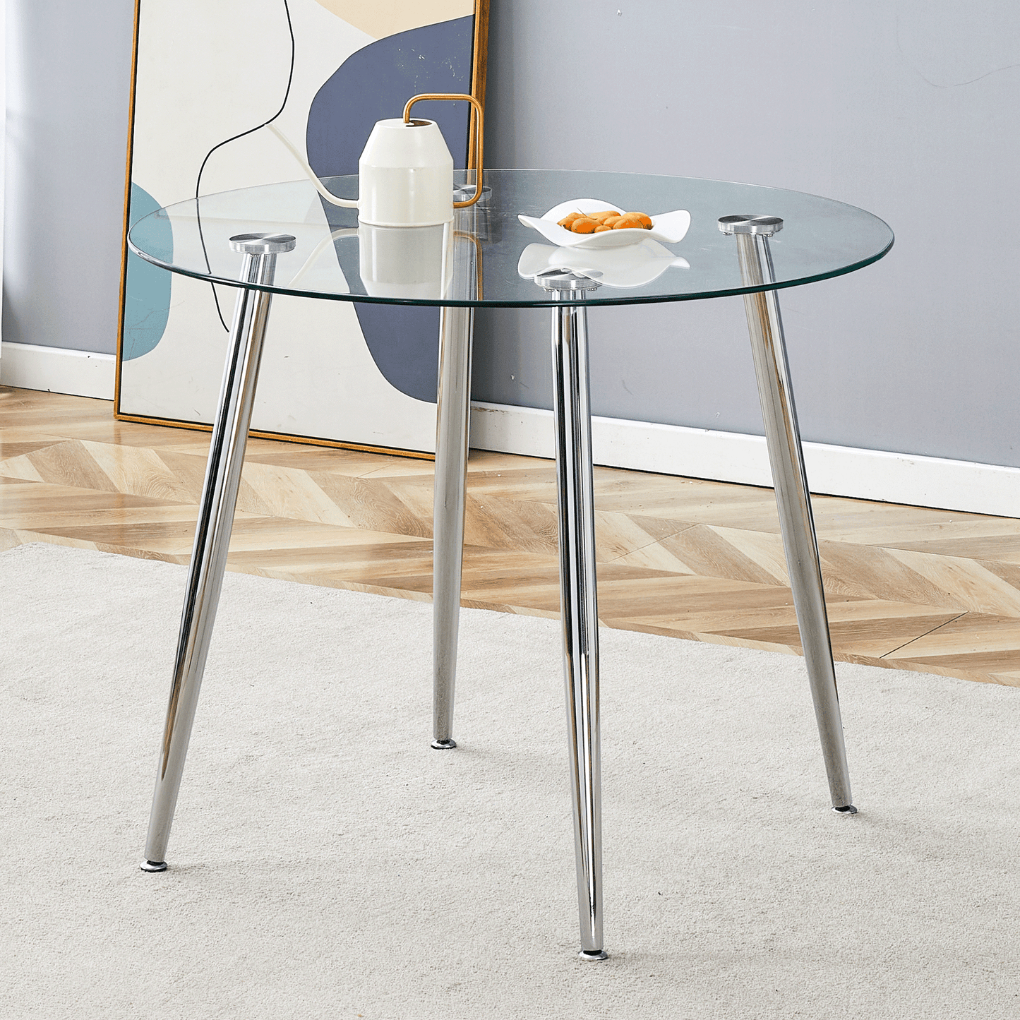 Round dining table with glass top, silver metal legs, exquisite life, starting from the details, the silver legs show an extraordinary texture, which is the finishing touch to your home image 2