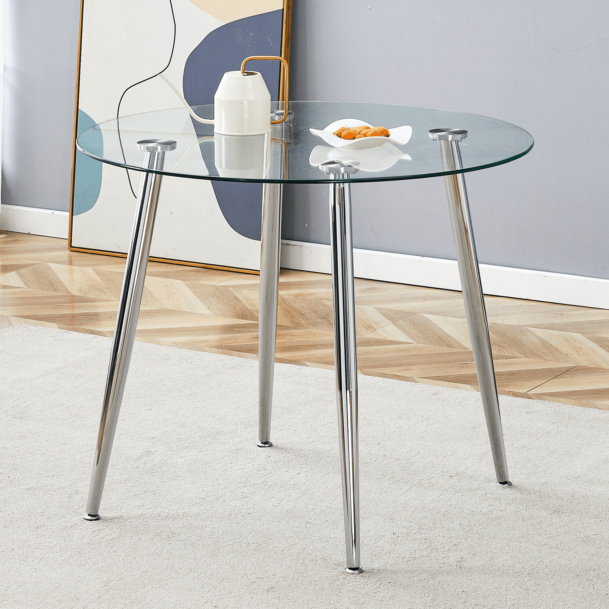 Round dining table with glass top, silver metal legs, exquisite life, starting from the details, the silver legs show an extraordinary texture, which is the finishing touch to your home image 2