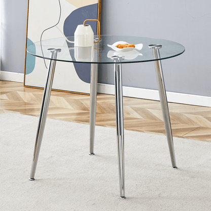 Round dining table with glass top, silver metal legs, exquisite life, starting from the details, the silver legs show an extraordinary texture, which is the finishing touch to your home image 2