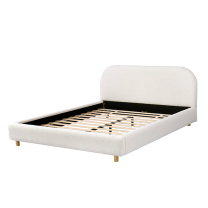 Queen Size Upholstered Bed With Boucle Fabric,Curved-Shape Design Thick Headboard, Solid Wood Legs,White image 8