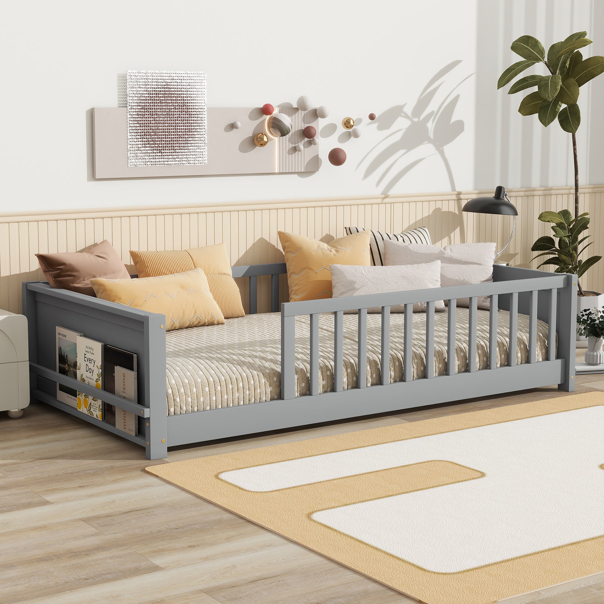 Twin size Floor Platform Bed with Built-in Book Rack,Grey(Old Sku:W504P143306) image 1