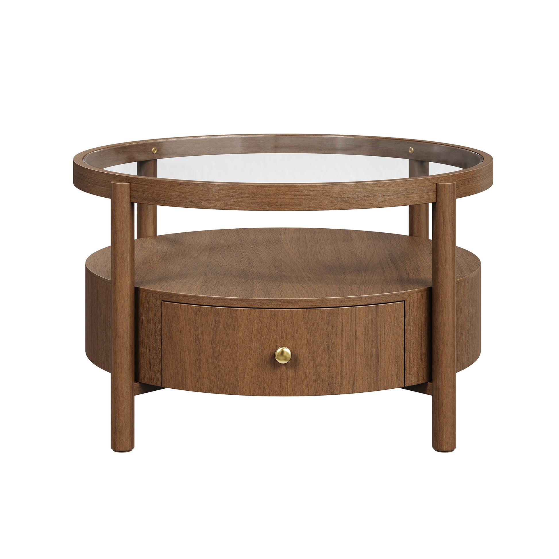 Solid Wood Round Glass Top Coffee Table with Storage Drawer, 2-Tier Mid Century Modern Circular Center Table, Walnut Wooden Cocktail Table for Living Room image 9
