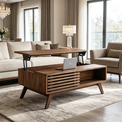 39.37" Mid-Century Walnut Lift Top Coffee Table, Multifunctional Lift-Up Coffee Table with Hidden Storage & Open Shelf for Living Room image 7