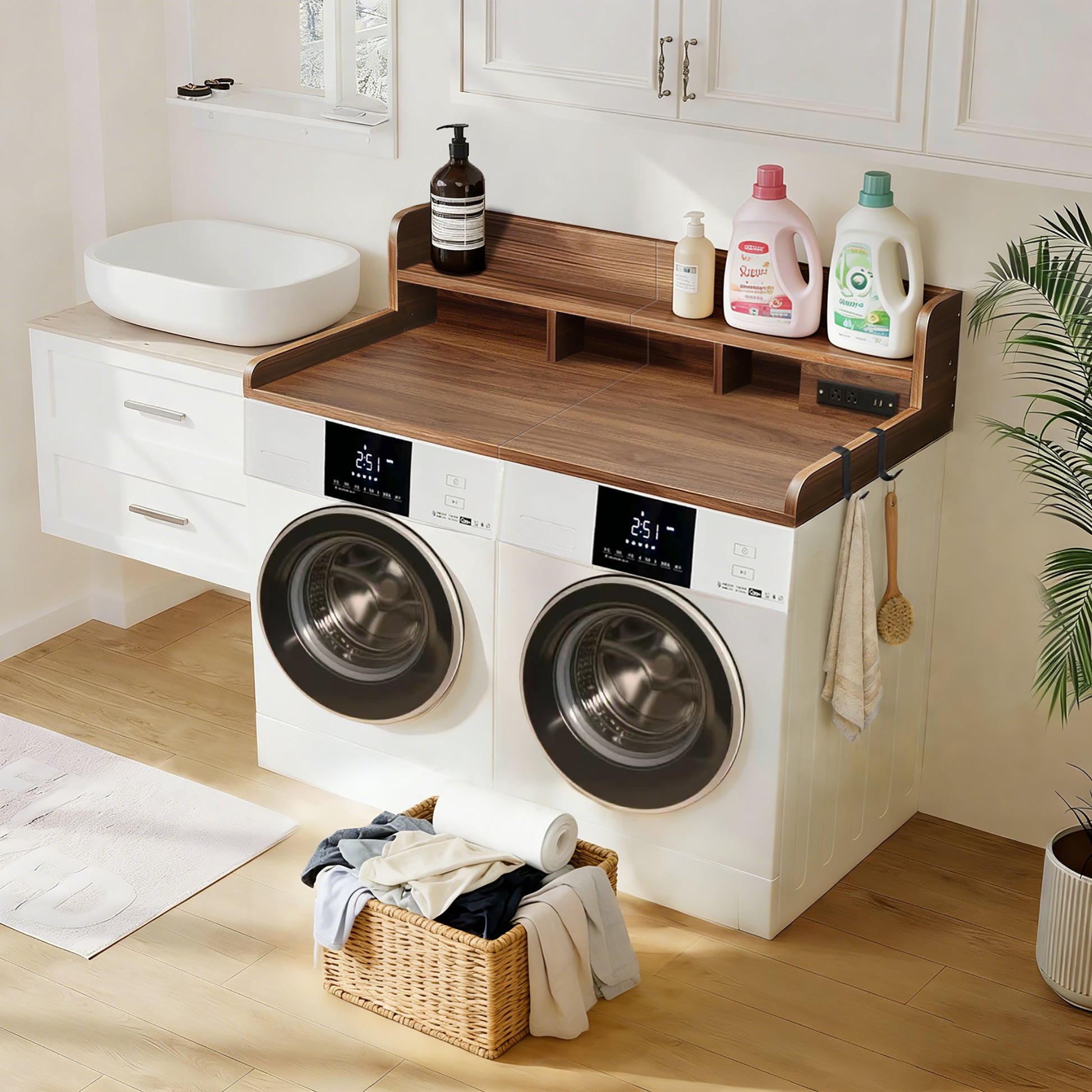 2-Tier Washer and Dryer Countertop with Power Outlet, 54" W x 27.5" D Large Laundry Countertop for Fold Clothes, Laundry Topper with Non-Slip Pads & Hooks and Storage Basket (Walnut Color) image 4