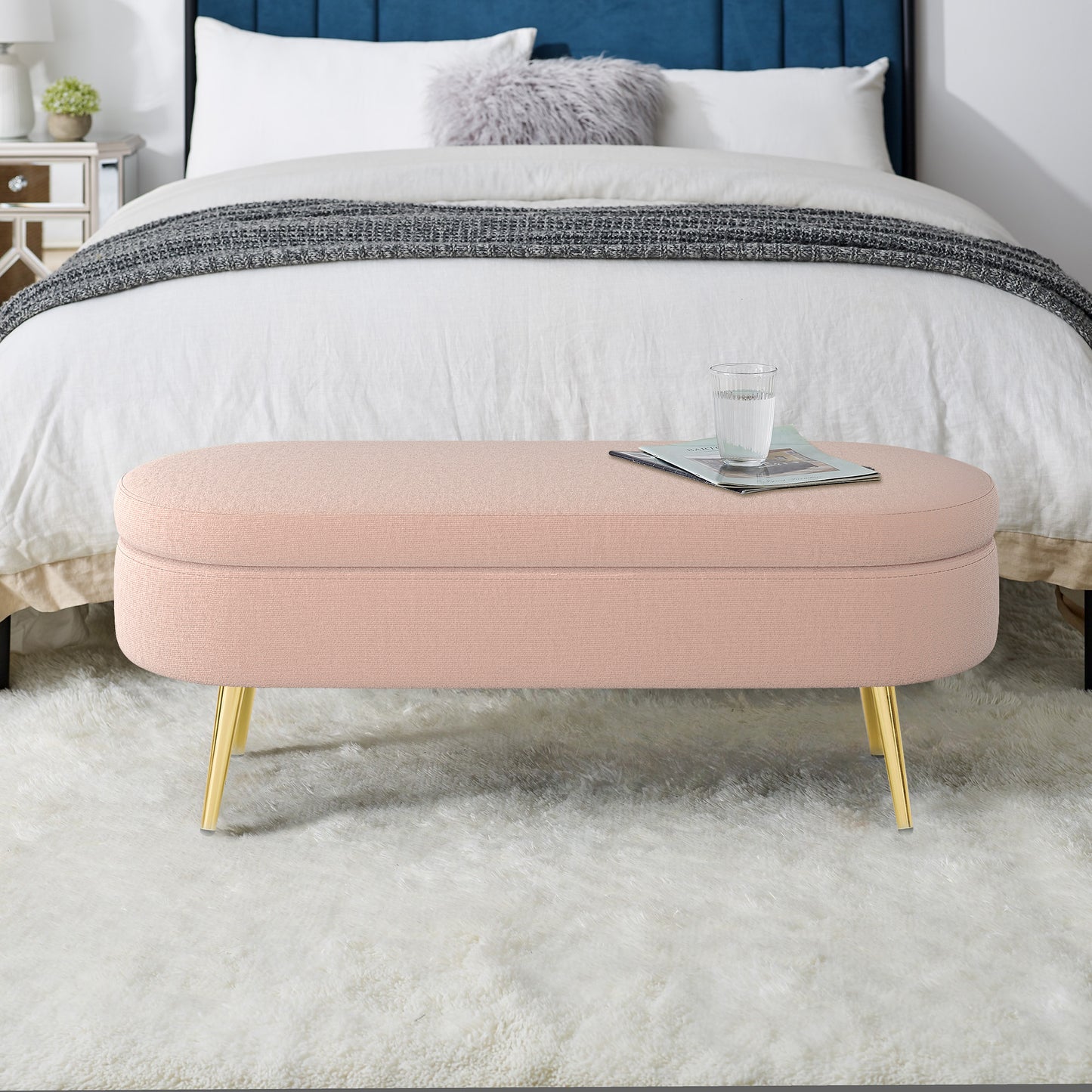 Ottoman Oval Storage Bench, Flannel with Metal Legs-Pink(43.5"x16"x16") image 4