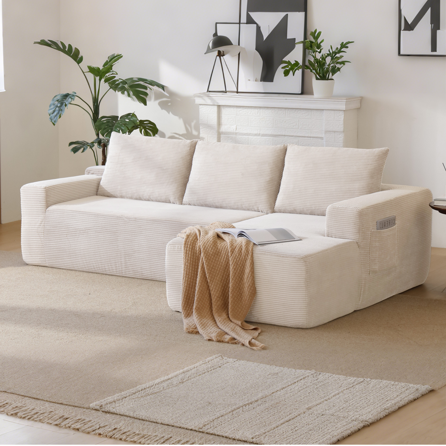 New 96.9''Cloud Sectional Couch with L-Shaped Chaise,Modern Modular Sofa with Deep Seat, Upholstered Couches for Living Room Bedroom,No Assembly Required,(Corduroy Fabric),White,Right image 1