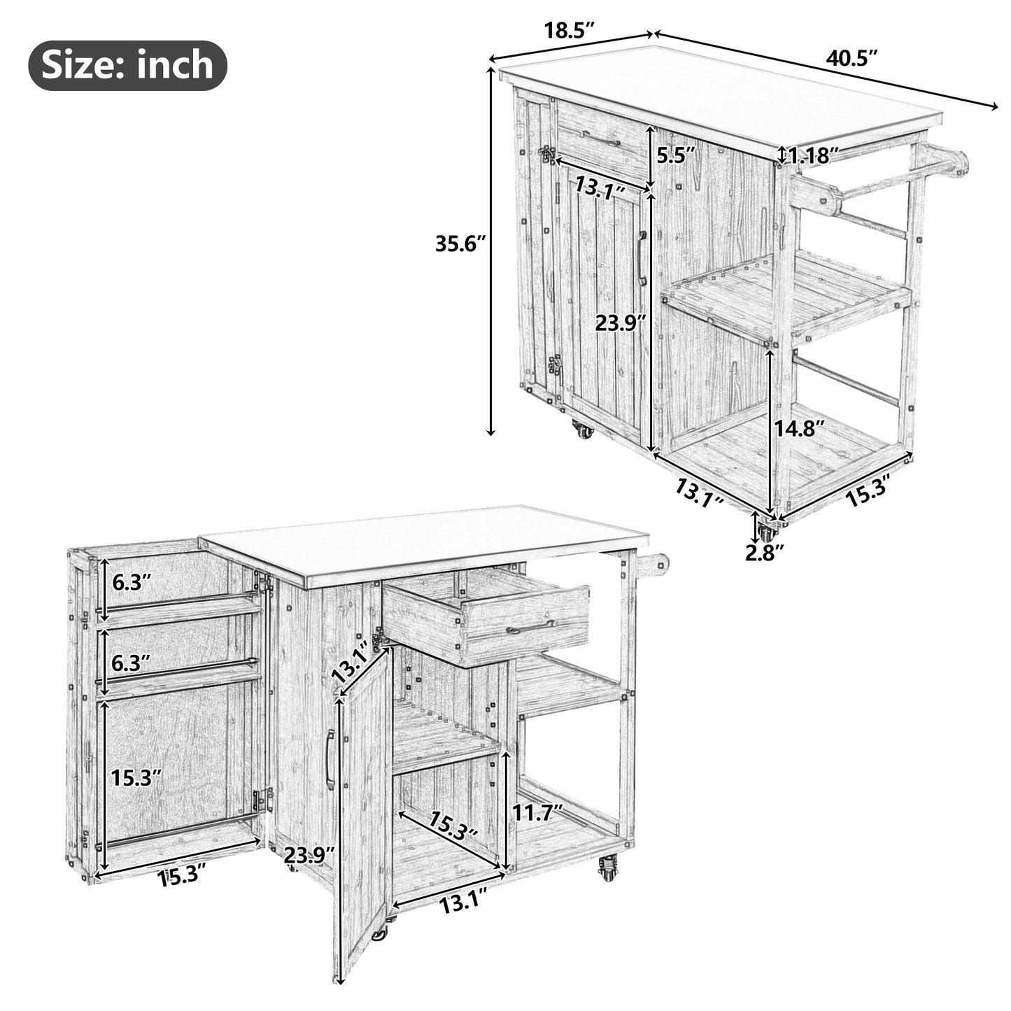 Outdoor Kitchen Island Fir Wood Prep Station Lockable Kitchen Cart with Stainless Top, Ample Storage Space, Towel and Spice Racks for Patio and Outdoor, White image 6