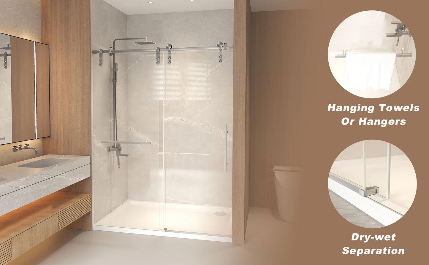 50-54" x 76" H Frameless Sliding Shower Door, 5/16" (8mm) Clear Tempered Glass, Stainless Steel Frame,Brushed Nickel image 12