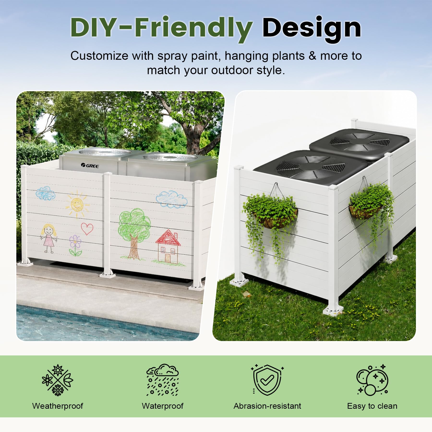 50" W x 49" H Outdoor Privacy Screen, Air Conditioner Fence, All-Weather Vinyl Privacy Fence Screens with Aluminum Posts, 4 Panels, White image 7