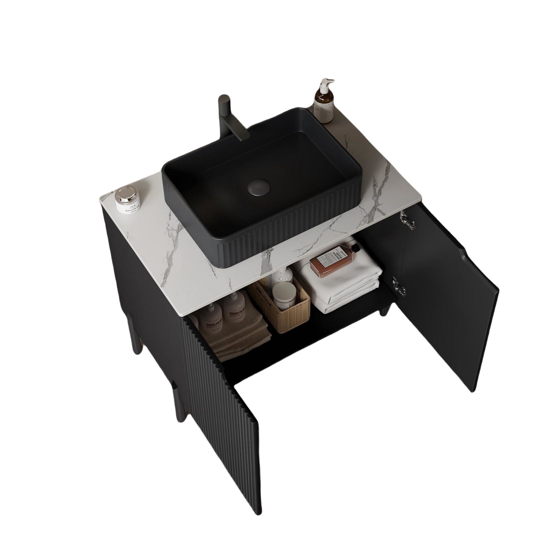 TURIO 72" Freestanding Double Bathroom Vanity with Sinks, 2x30" Striped Storage Cabinets + 12" Removable Open Shelf, 2 Black Striped Rectangle Vessel Basins with Carrara White Countertop, Black image 5