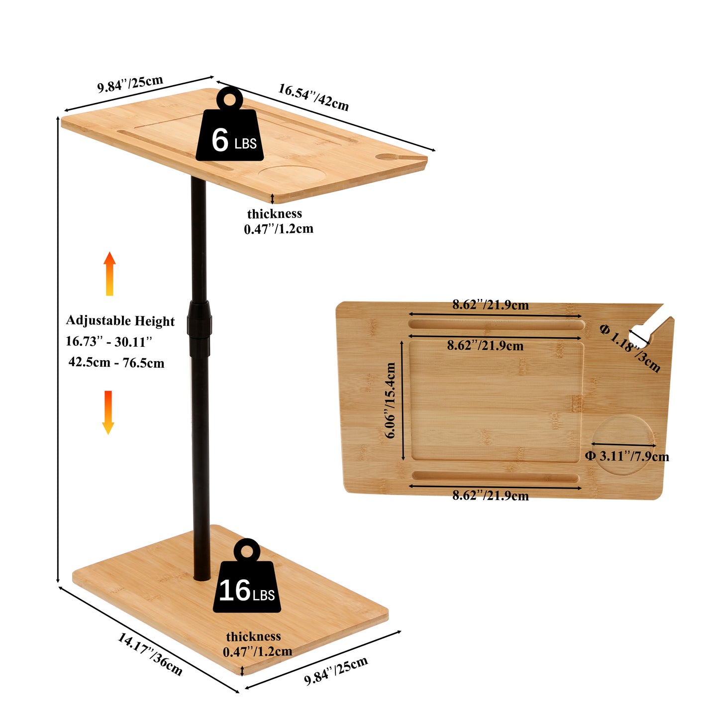 Bamboo Couch Tray Table Height Adjustable C-Shaped End Table with Slots 2 Tier Sofa Side Table for Living Room & Bedroom (Rectangle + Rectangle) image 4